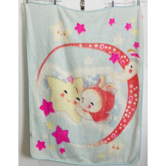 Vtg Baby Blanket Plush Good Night Blue Star Moon Angora Acrylic Ann's Trading Co - Picture 2 of 6